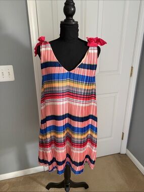 Foxiedox striped pleated tent dress with bow details on sleeves and low back